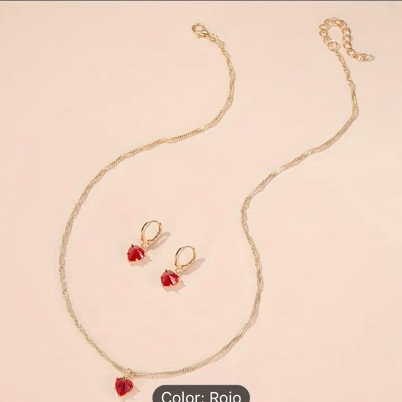 3pcs Shiny Red Heart Jewelry Set, Classic Glass Heart Necklace and Earrings, - Picture 3 of 6